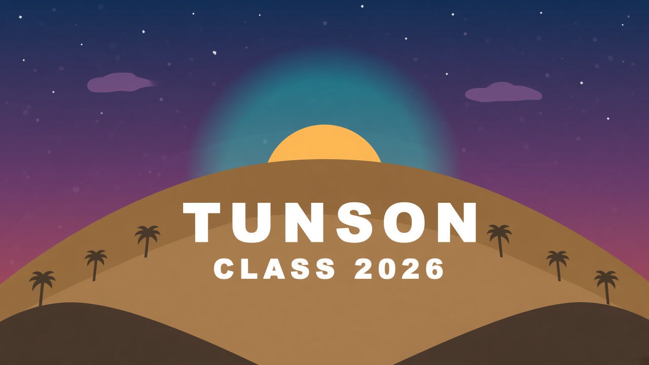 TUNSON Class 2026 — hillside sign at dusk